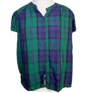 Old Navy Green and Blue Plaid Button-Up Blouse